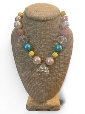 Vintage Pastel Statement Beaded Necklace in Pink, Blue & Yellow